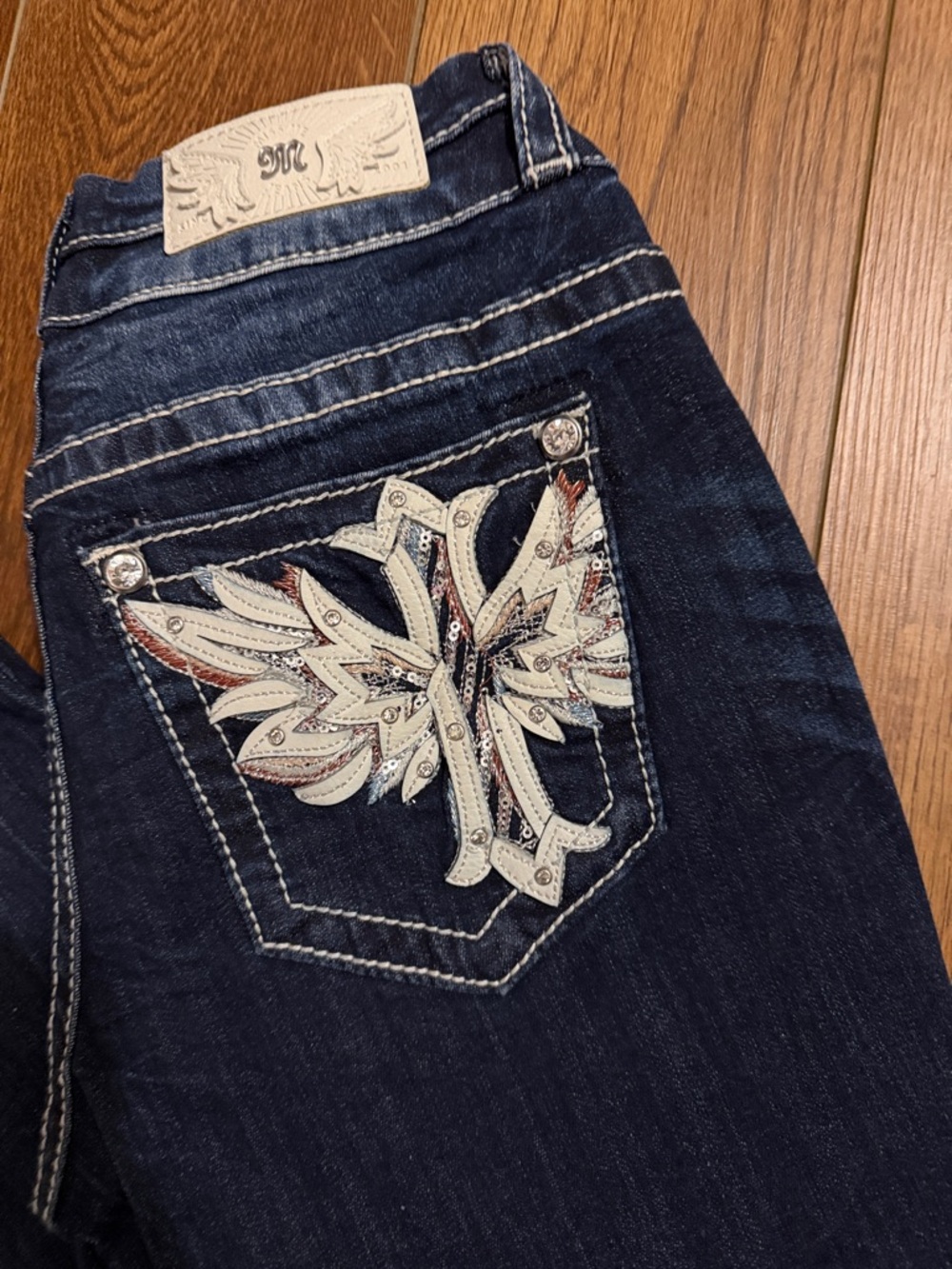 Miss Me Dark Blue Bootcut Jeans with White Embroidered Wing Pocket size 26/32